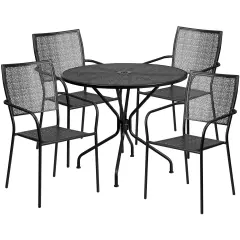 Emma and Oliver Commercial Grade 35.25" Round Metal Garden Patio Table Set, 4 Square Back Chairs Black