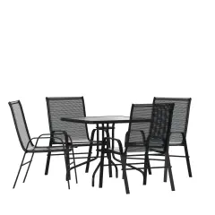 Emma and Oliver Five Piece Patio Dining Set - Square Table with Powder Coated Frame and Tempered Glass Top & 4 Flex Comfort Stack Chairs Black