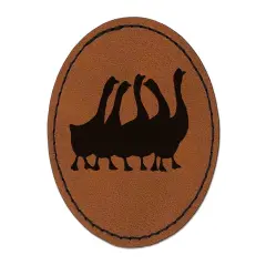 Geese Gaggle Goose Family Solid Round Iron-On Engraved Faux Leather Patch Applique - 2.5" Brown