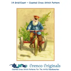 Santa Claus Delivering Tree on Bicycle Counted Cross Stitch Pattern