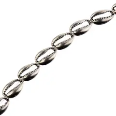 John Bead 8" Antique Silver Metal Cowrie Bead Strand, 16x11mm