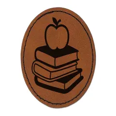 Apple on Stack of Books Reading Library Teacher Round Iron-On Engraved Faux Leather Patch Applique - 2.5" Brown