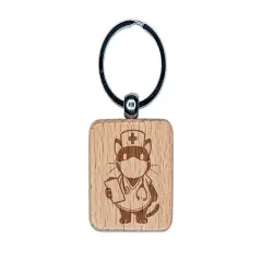 Serious Nurse Doctor Cat with Stethoscope Engraved Wood Square Keychain Tag Charm