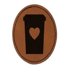 Coffee Cup Carafe with Heart Round Iron-On Engraved Faux Leather Patch Applique - 2.5" Brown