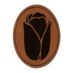 Tulip Flower Round Iron-On Engraved Faux Leather Patch Applique - 2.5" Brown
