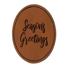 Seasons Greetings Text Round Iron-On Engraved Faux Leather Patch Applique - 2.5" Brown