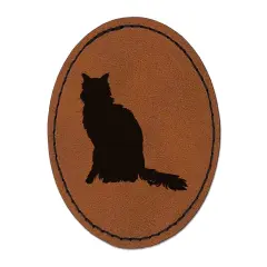 Fluffy Cat Solid Round Iron-On Engraved Faux Leather Patch Applique - 2.5" Brown