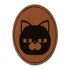 Round Cat Face Doubtful Round Iron-On Engraved Faux Leather Patch Applique - 2.5" Brown