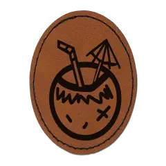 Coconut Drink Tropical Doodle Round Iron-On Engraved Faux Leather Patch Applique - 2.5" Brown