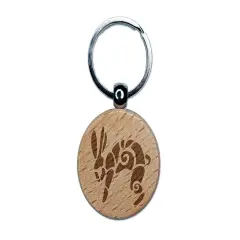 Southwestern Style Tribal Jackrabbit Hare Bunny Engraved Wood Round Keychain Tag Charm