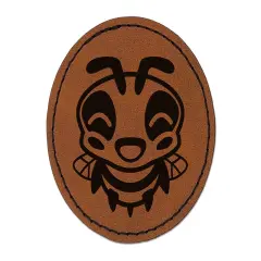 Cute Bee Laughing LOL Round Iron-On Engraved Faux Leather Patch Applique - 2.5" Brown