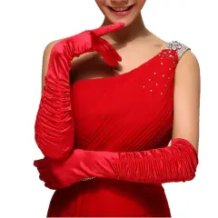Women's Satin Long Sleeve Bridal Party Gloves for Wedding Costume Red