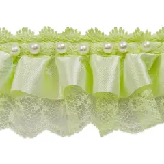 5 Yards of Bradshaw 2" Pearl Accent Ruffled Lace Trim | 5 yard cut Light Green