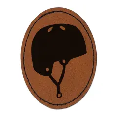 Skateboarding Sports Helmet Round Iron-On Engraved Faux Leather Patch Applique - 2.5" Brown