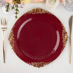 10 Pcs Disposable Plastic Salad Dinner Plates Embossed Baroque Trim Party Burgundy
