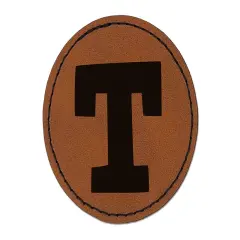Letter T Uppercase Fun Bold Font Round Iron-On Engraved Faux Leather Patch Applique - 2.5" Brown