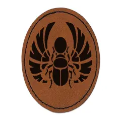Egyptian Winged Scarab Beetle Pharaoh Mummy Amulet Insect Bug Round Iron-On Engraved Faux Leather Patch Applique - 2.5" Brown