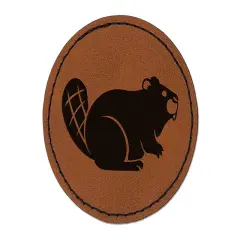 Friendly Beaver Buddy Round Iron-On Engraved Faux Leather Patch Applique - 2.5" Brown