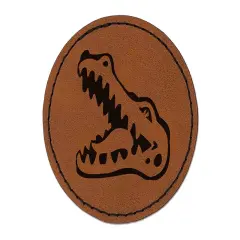 Smiling Toothy Crocodile Alligator Chomp Round Iron-On Engraved Faux Leather Patch Applique - 2.5" Brown