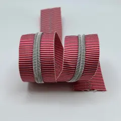Red and white stripe with silver teeth Zipper Tape