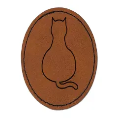 Cat Sitting Back Outline Round Iron-On Engraved Faux Leather Patch Applique - 2.5" Brown