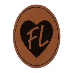 FL Florida State in Heart Round Iron-On Engraved Faux Leather Patch Applique - 2.5" Brown
