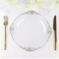 10 Pcs Disposable Plastic Salad Dinner Plates Embossed Baroque Trim Party Clear and gold