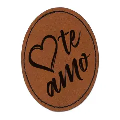 I Love You in Spanish Te Amo Heart Round Iron-On Engraved Faux Leather Patch Applique - 2.5" Brown