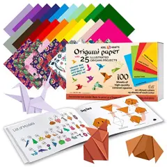 100 Origami Paper Kit - Set Includes - 100 Sheets 20 Basic Colors 6x6 - Double Sided - Origami Book 25 Easy Colored Projects | Kids Crafts - Christmas Gifts for Boys 8-12