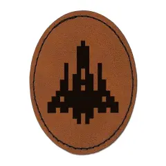 Retro Invaders from Space Rocket Ship Round Iron-On Engraved Faux Leather Patch Applique - 2.5" Brown