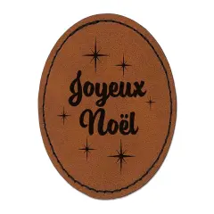 Joyeux Noel Merry Christmas French Starburst Round Iron-On Engraved Faux Leather Patch Applique - 2.5" Brown