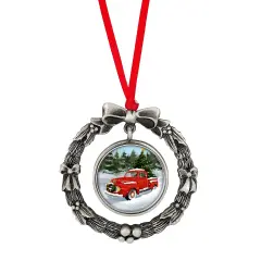 JFK Half Dollar Wreath Ornament With Colorized Vintage Red Christmas Tree Truck Coin