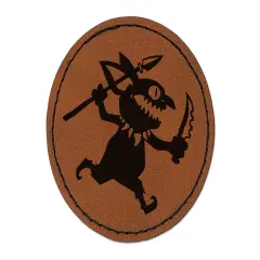 Dungeon Goblin Spear Dagger Round Iron-On Engraved Faux Leather Patch Applique - 2.5" Brown