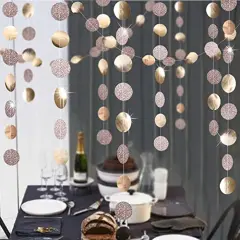 4 strings of 13 feetGlitter Champagne Gold Decorations Paper Circle Dots Garland Party Streamers Bunting Backdrop Hanging Decor Banner/Wedding/Bachelorette/Bridal Shower/Christmas/New Year/Home/Engagement/