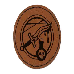 Rogue Poisoned Dagger Round Iron-On Engraved Faux Leather Patch Applique - 2.5" Brown