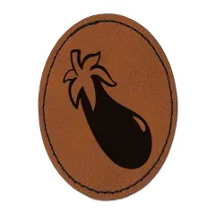 Eggplant Garden Vegetable Round Iron-On Engraved Faux Leather Patch Applique - 2.5" Brown