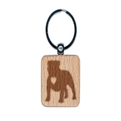 Bulldog English British Dog with Heart Engraved Wood Square Keychain Tag Charm