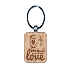 Handmade With Love Sew Sewing Thread Spool Engraved Wood Square Keychain Tag Charm