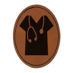 Medical Scrubs and Stethoscope Hospital Doctor Nurse Round Iron-On Engraved Faux Leather Patch Applique - 2.5" Brown