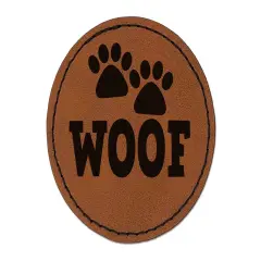 Woof Dog Paw Prints Fun Text Round Iron-On Engraved Faux Leather Patch Applique - 2.5" Brown