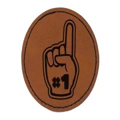 Foam Finger Sports Number One Fan Round Iron-On Engraved Faux Leather Patch Applique - 2.5" Brown