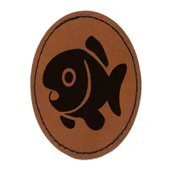 Cute Fish Round Iron-On Engraved Faux Leather Patch Applique - 2.5" Brown