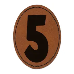 Number 5 Five Fun Bold Font Round Iron-On Engraved Faux Leather Patch Applique - 2.5" Brown