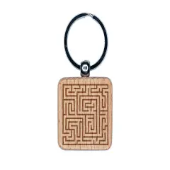 Labyrinth Maze Puzzle Game Engraved Wood Square Keychain Tag Charm