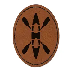 Double Kayak with Crossed Paddles Round Iron-On Engraved Faux Leather Patch Applique - 2.5" Brown