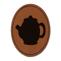 Teapot Kettle Solid Round Iron-On Engraved Faux Leather Patch Applique - 2.5" Brown