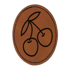 Pair of Cherries Outlined Round Iron-On Engraved Faux Leather Patch Applique - 2.5" Brown