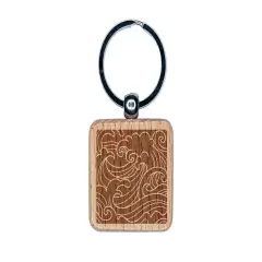 Japanese Ocean Waves Engraved Wood Square Keychain Tag Charm