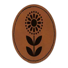 Scandinavian Sunflower Round Iron-On Engraved Faux Leather Patch Applique - 2.5" Brown