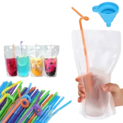 Kitcheniva 100 Pcs Drink Pouches Bags Stand-Up Zipper w/ Straws & Funnel for Cold & Hot Drinks